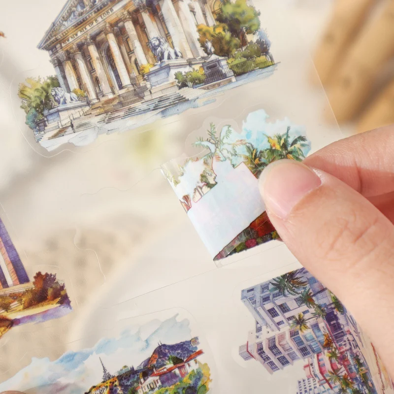 1pack/4pcs World-Famous Building Scenery Sticker Pack Waterproof DIY Handmade Album Scrapbooking Decorative Supplies