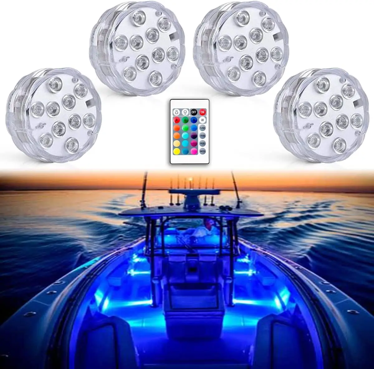 Boat Lights Wireless Battery Operated,Waterproof Marine Light for Deck Courtesy Interior , Multi Color Remote Controlled,4pcs