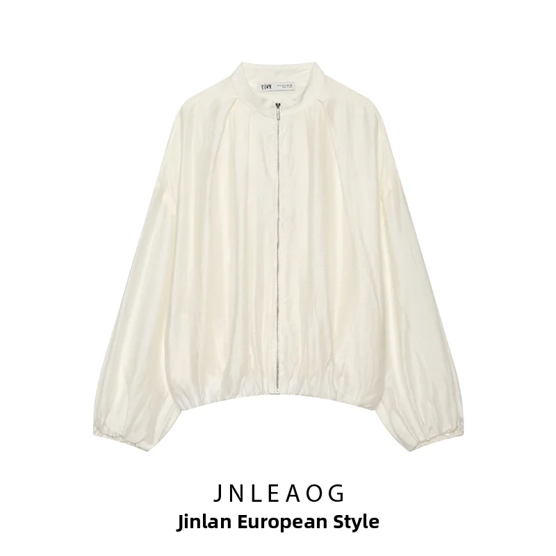 JNLEAOG Fashion Pleated Pilot Jacket Women's Outerwear Autumn New Style Standard Fit Zipper Closure Polyester Fiber Coat
