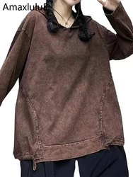 Amax luluE Spring Streetwear Womens Vintage Hooded Tee Shirts Fashion Oversized Tops Ladies Classic Leisure Loose Cotton Clothes