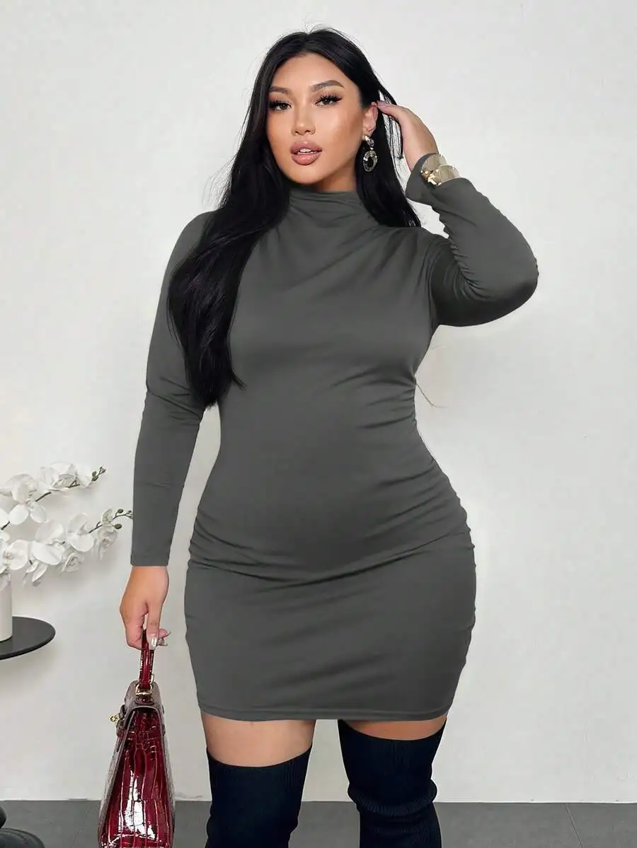 

Plus Size Ruched Bodycon Mini Dress With Turtleneck Long Sleeve Solid Color