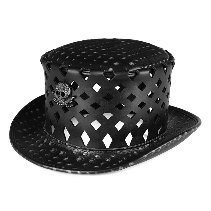49MF Steampunk Top Hat Halloween Party Accessory Cut-Out Design Black Hat with Skull