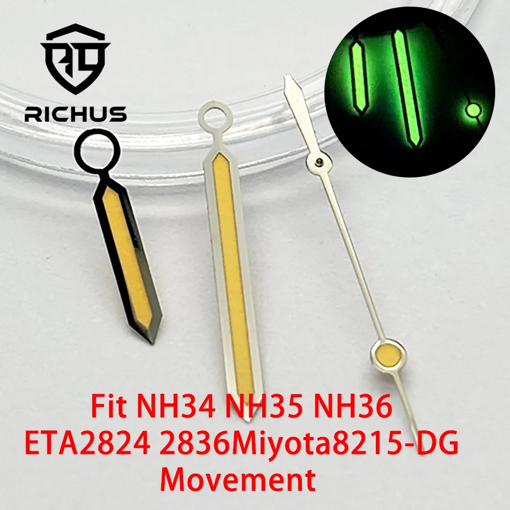 RICHUS grün leuchtende silbergelbe Uhrzeiger, kompatibel mit NH35 NH36 ETA2824 2836 Uhrwerk für die Reparatur und Modifikation von Uhren