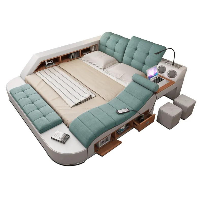 Master bedroom tatami smart double bed, modern simple multi-functional storage Bluetooth speaker European leather art bed