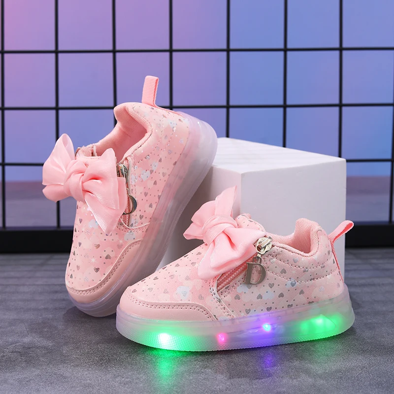 Mgo Kidss New Spring and Autumn Models Children's Girls' Bowknot Shoes, Light-Up Shoes, Princess Shoes, Casual Sports Comfortable Toddler Korean-Style Shoes, Light-Up Shoes for Students, Flashing White Shoes Suitable for Girls, Pink/White/Blue/Available in Other Colors