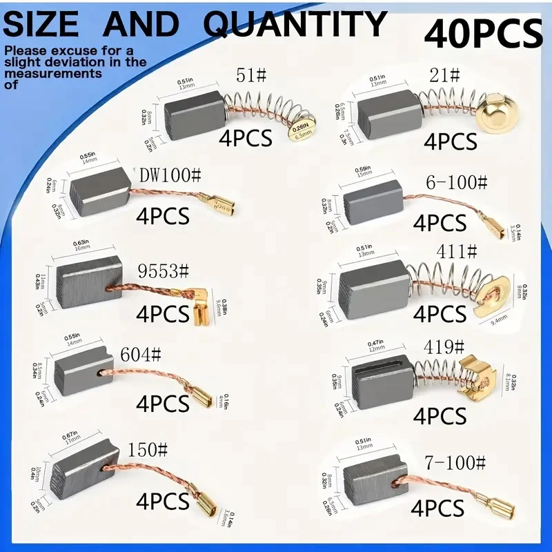 40Pcs, 4 Pieces Per Specification, 10 Different Specifications, Electric Tool Replacement Parts Carbon Brushes, Suitable for Various Types of Electric Tools Such as Electric Hammers, Angle Grinders, Circular Saws, Etc., for Repair and Replacement
