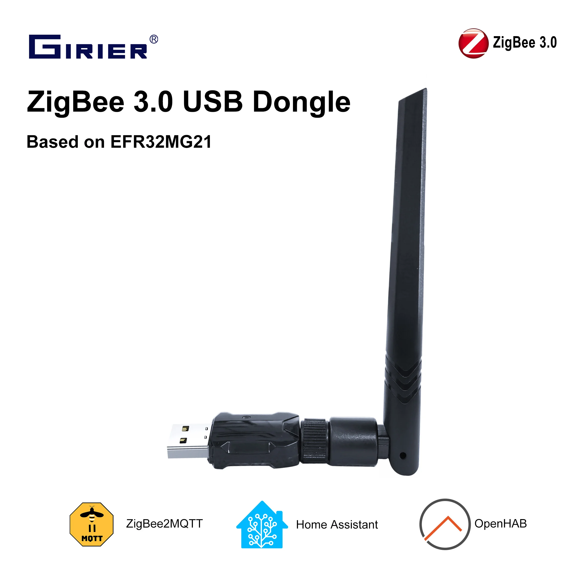 GIRIER ZigBee 3.0 USB Dongle Wireless Universal ZigBee Gateway with High Gain Antenna Support OpenHAB ZigBee2MQTT Home Assistant