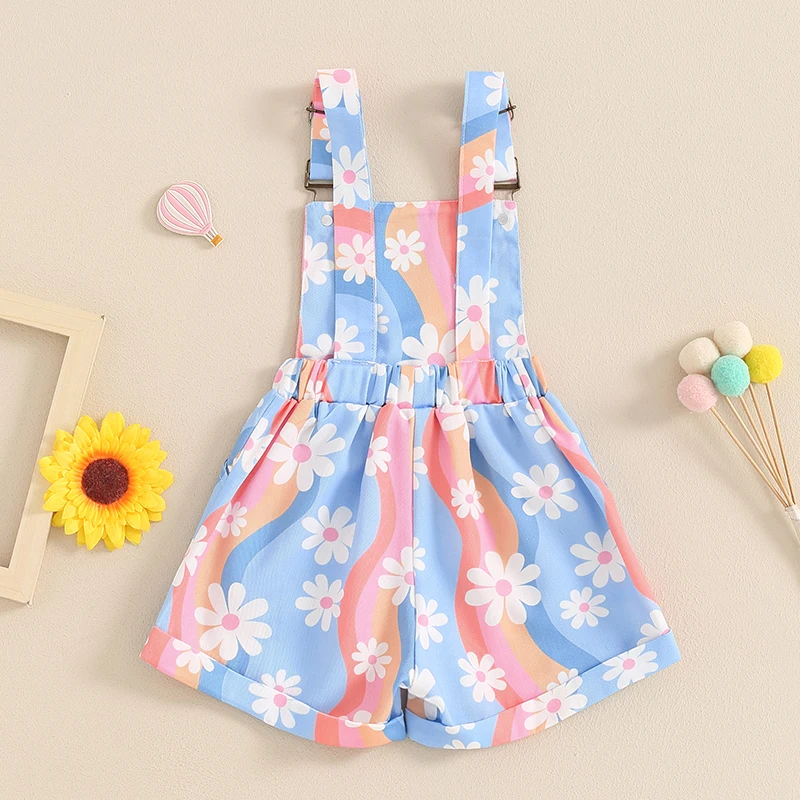 2024-04-09 Lioraitiin Toddler Girls Overalls Farm Daisy Print Sleeveless Straps Buttons Pockets Shortall Summer Romper Jumpsuit