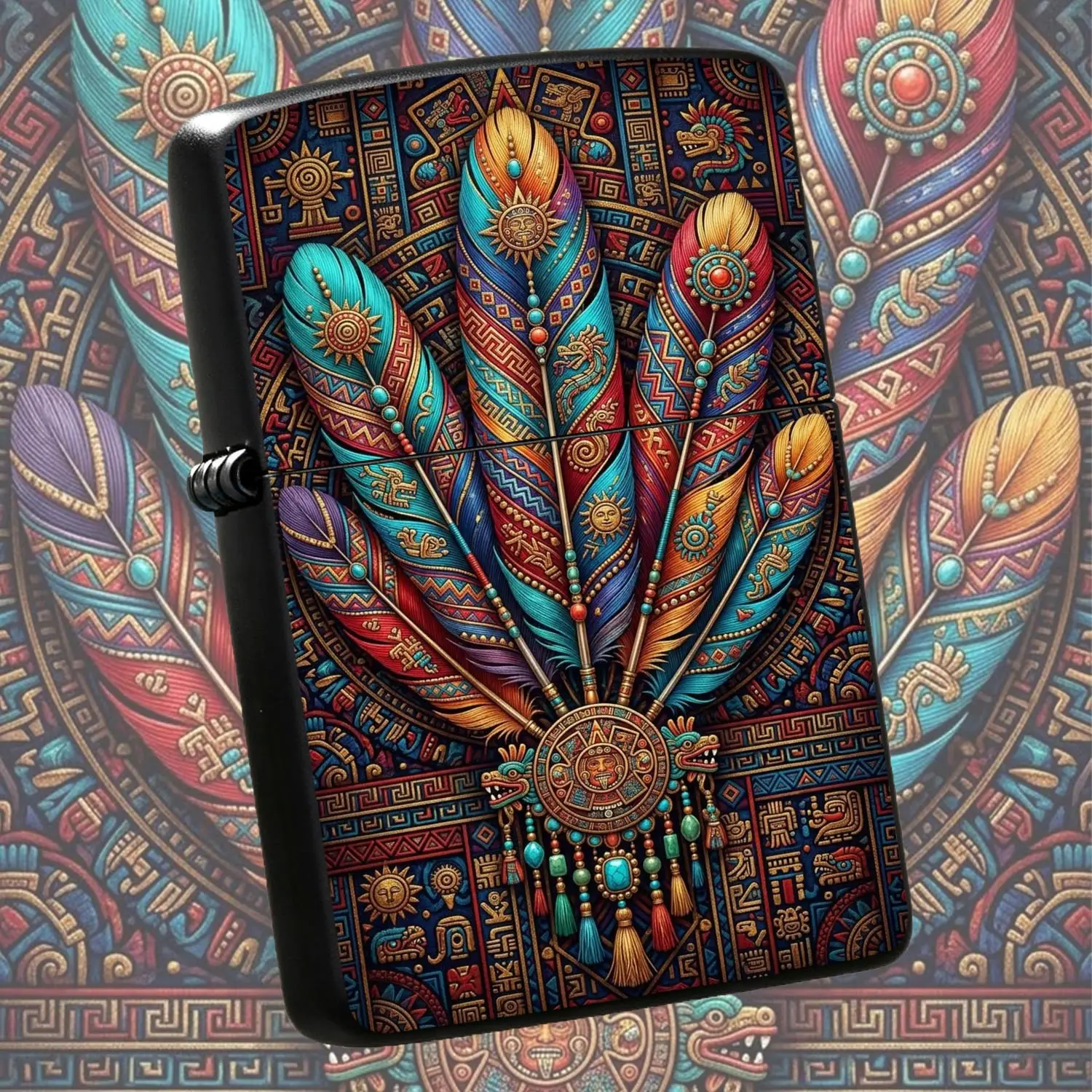 Aztec Totem Pattern Feather Decorative Lighter, Exotic Ancient Civilization Artportable Igniter, Ornate Cultural Style Daily Use Ignition Accessory, Ideal For All Scenarios Personal Use And Gifting A Humorous And Interesting Lighter