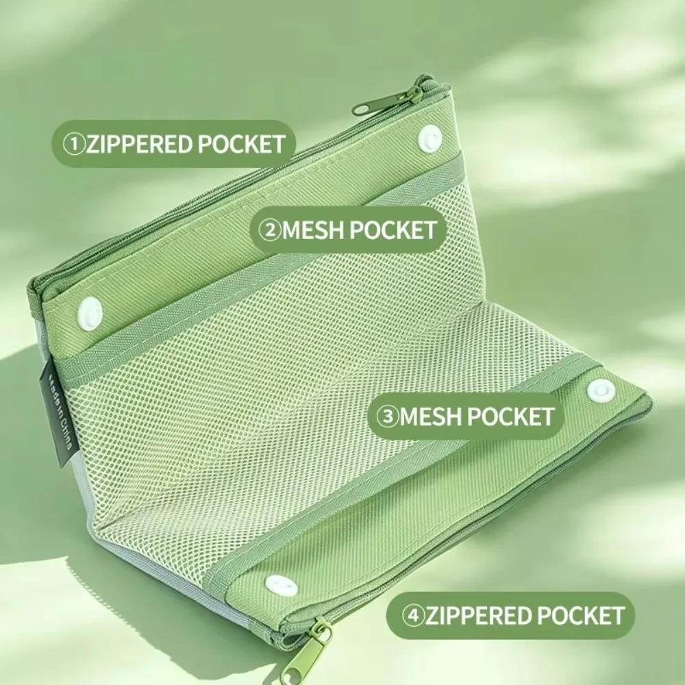 Multi-Functional Foldable Mesh Pencil Case Double Layer Snap Button Pencil Pouch Large Capacity Stationery Organizer Students