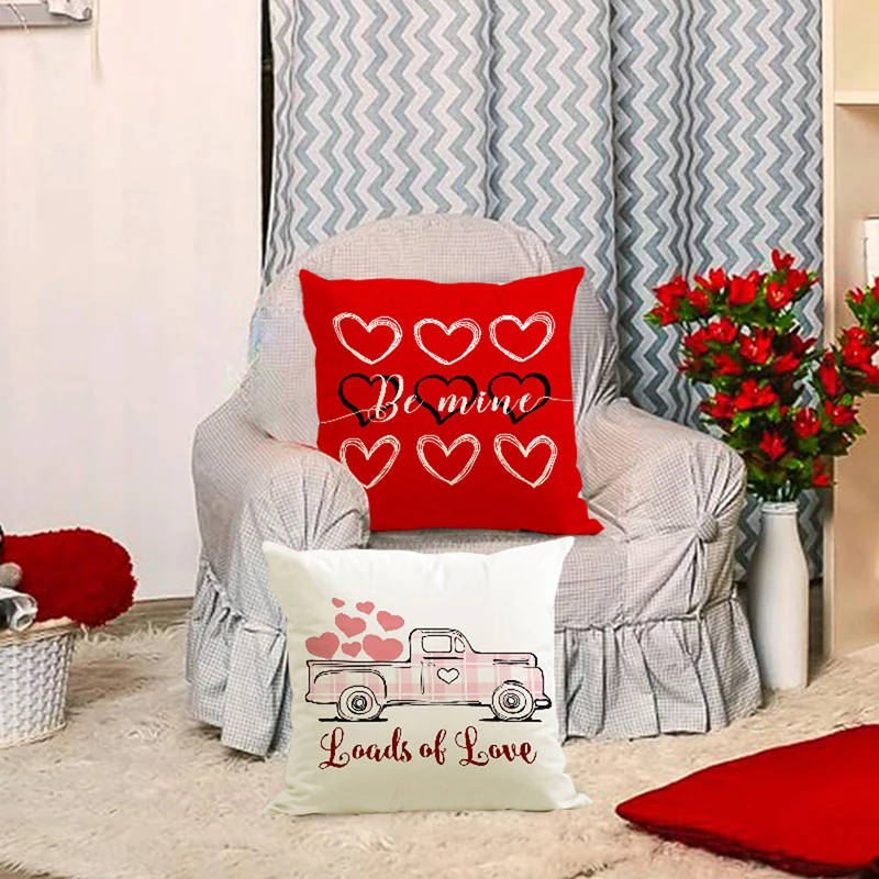 Valentine's Day Linen Pillow Covers Heart Letter Pattern Cute Cushion Cases for Home Decor Sofa