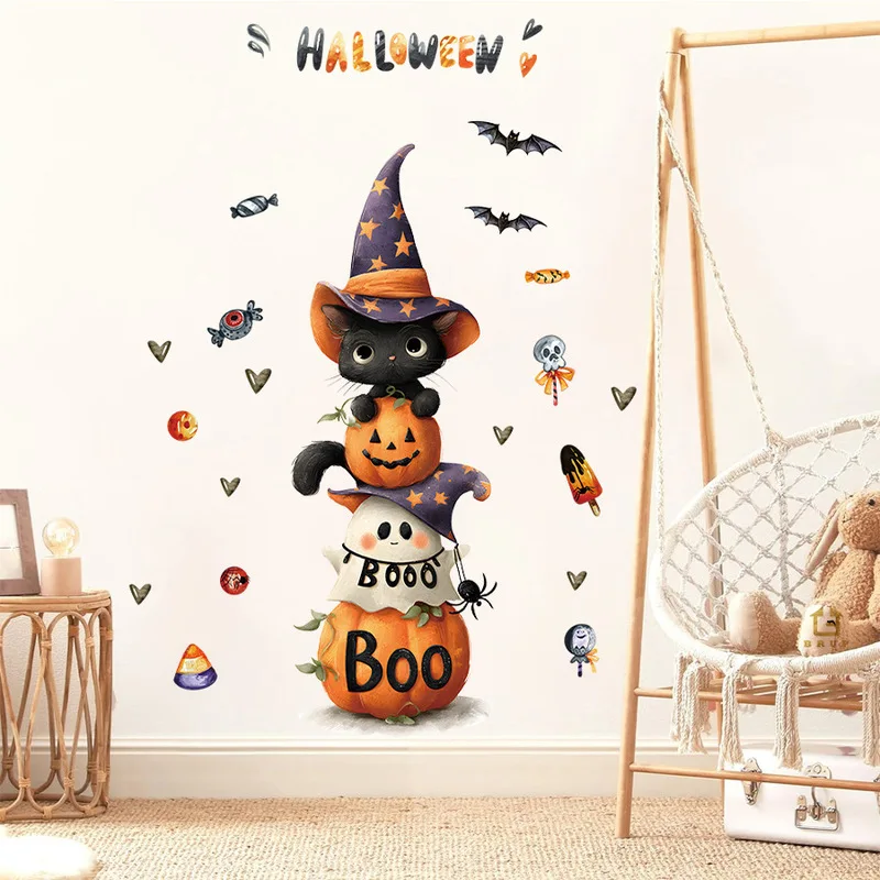 Halloween Cute Cartoon Black Cat Ghost Pumpkin Self‑Adhesive Wall Decal, Sweet Festive Sticker for Kids Bedroom Home Party Decor