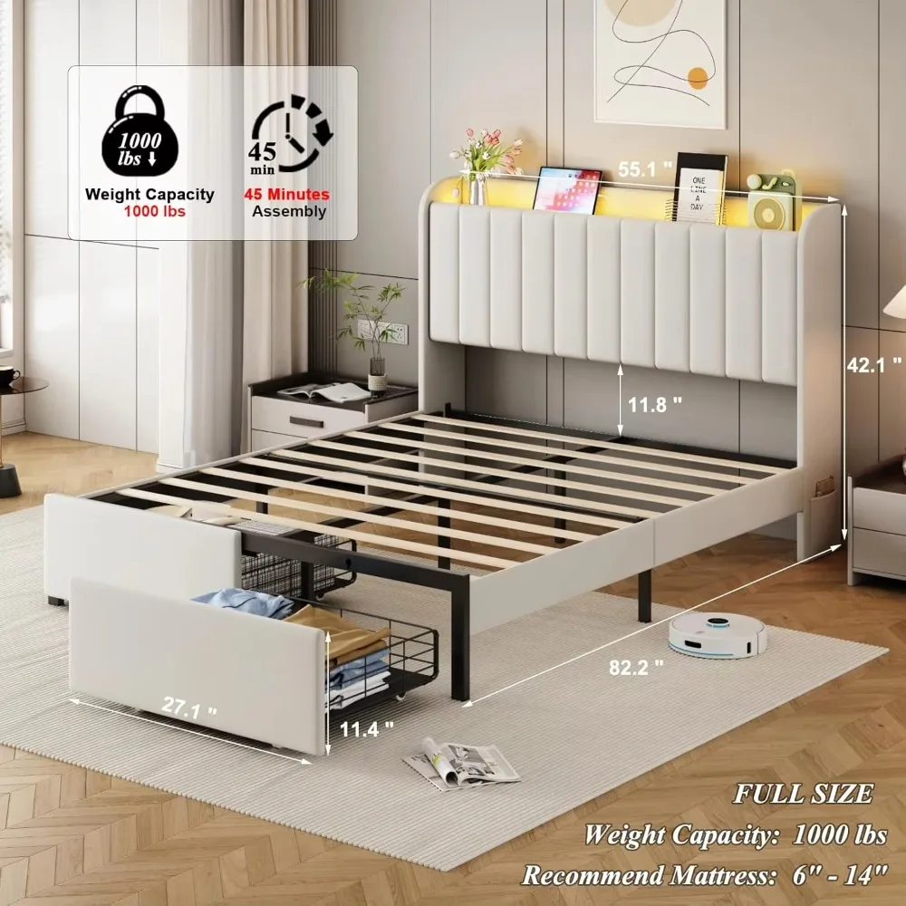 Full Size Bed Frames with Storage Headboard and 2 Drawers, Upholstered Platform Bed Frame Full with Led Lights and, Customized