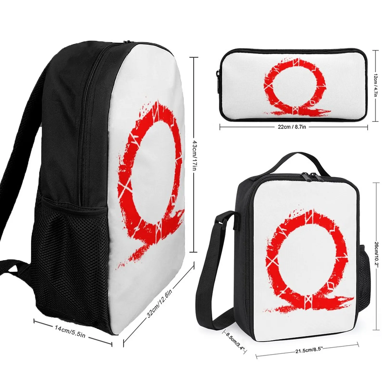 3 in 1 Set 17 Inch Backpack Lunch Bag Pen Bag God Of War Runes 2 Durable Novelty Comfortable Summer Camps Pencil Case