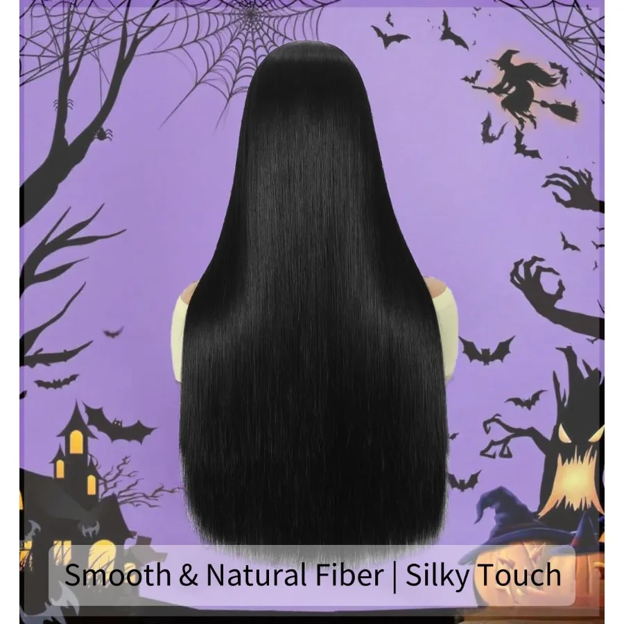 شعر مستعار أسود طويل مستقيم الجزء الأوسط 26 بوصة شعر مستعار صناعي بديل لمهرجان الهالوين والحفلات التنكرية بمظهر واقعي #4