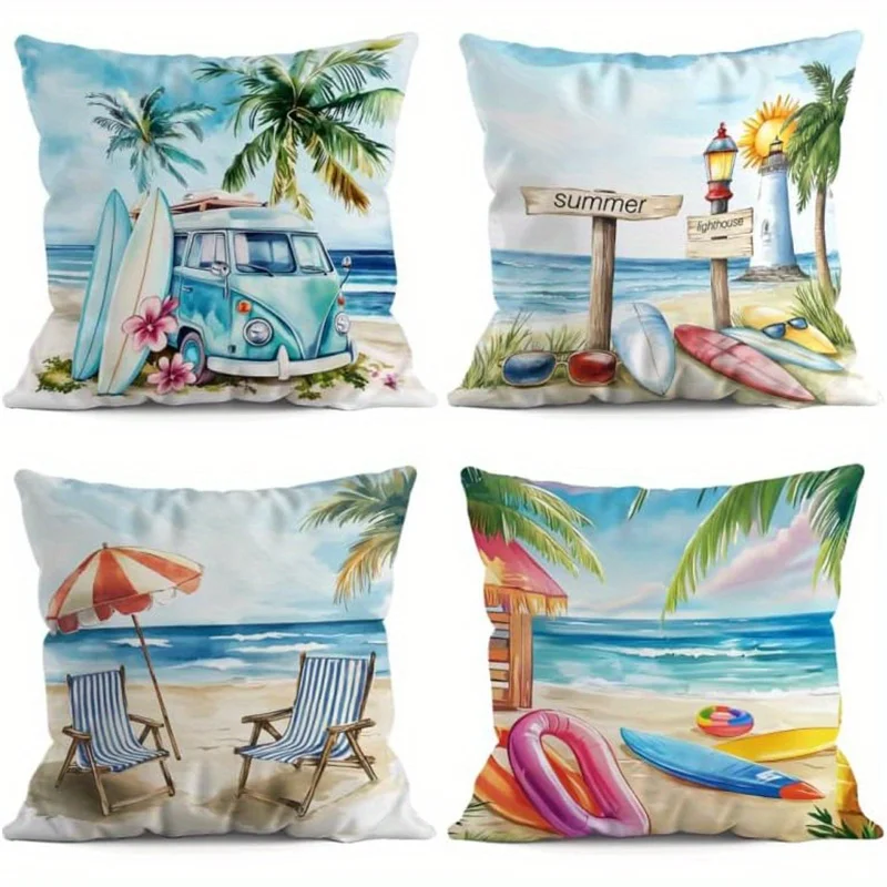 Short plush material pillowcaseHome Decor Summer Beach Scenes Decorative Pillow Covers Pattern Cushion Cover Suitable for Sofa B