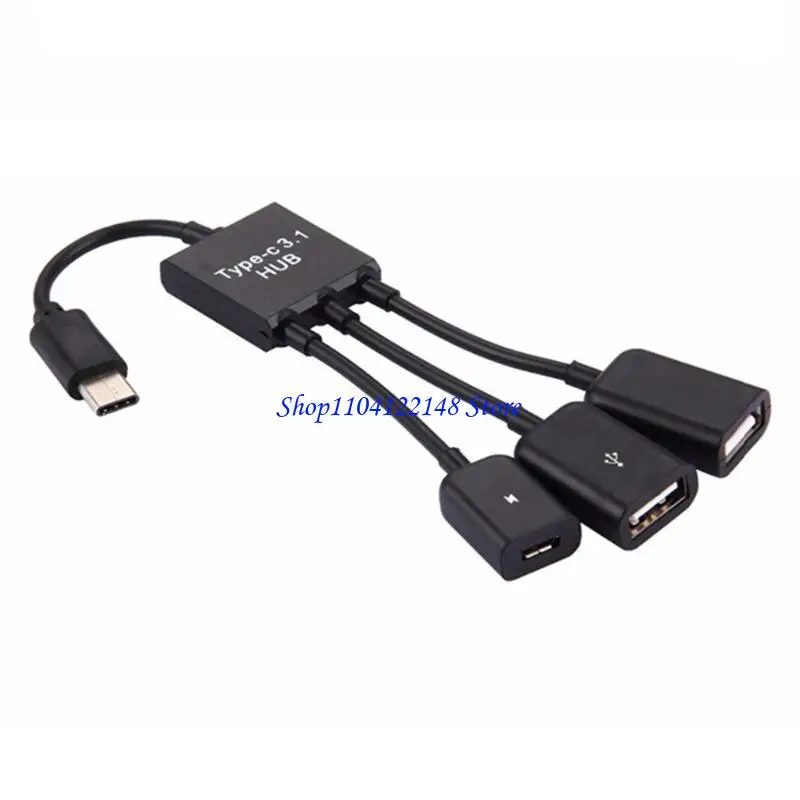 P9FA Type C OTG Hub with 3 Port Smartphones and Tablets Flexible Cable PVC Texture Suitable for Data Transfer and Charging