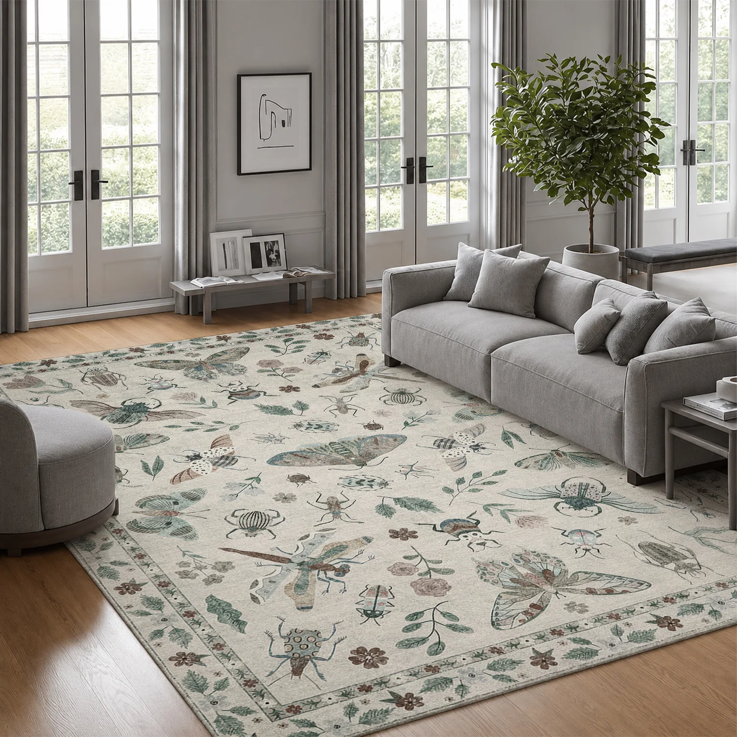 Large Indoor Area Rug, Soft Velvet Low Pile Non-slip Dotted Backing, Machine Washable, Vintage Nature Insect & Butterfly Pattern Muted Cream Rug for Living Room Bedroom