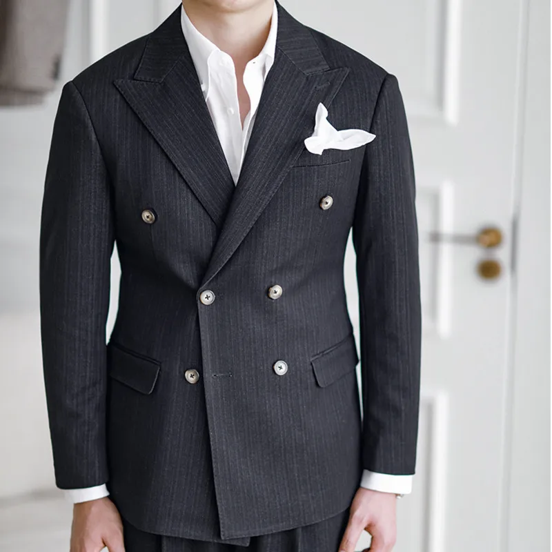 

Double Breasted Suit Men's Autumn Stripe Business Retro Naples Dress Versatile Italian Jacket Wedding Business Dress Coat Social