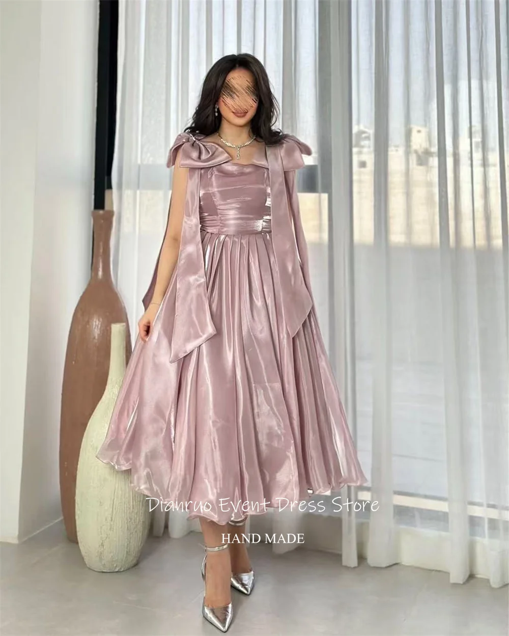 Dianruo الأورجانزا السباغيتي حزام فساتين لحضور الحفلات الموسيقية الوردي ألف خط القوس فساتين السهرة حمالة الطية أنيقة Abendkleider دبي مخصصة