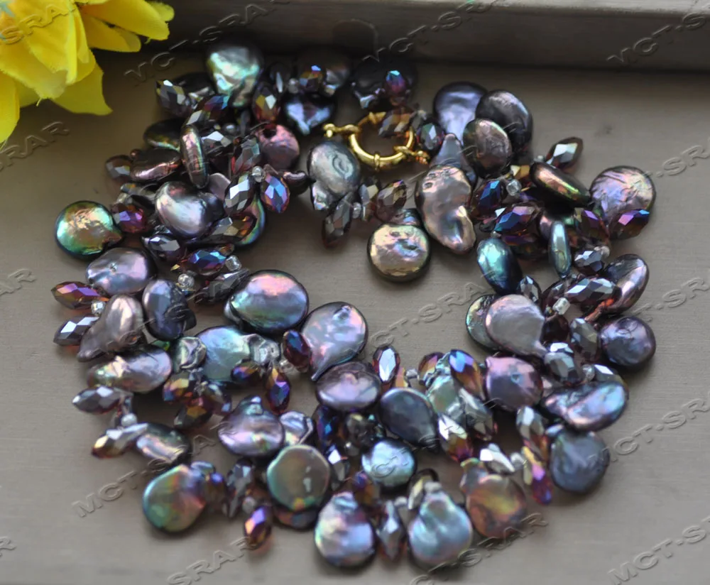 MTC·STAR 32'' 15mm Peacock-Black Coin Pearl Purple Drop Faceted Crystal Necklace (Z12016 )