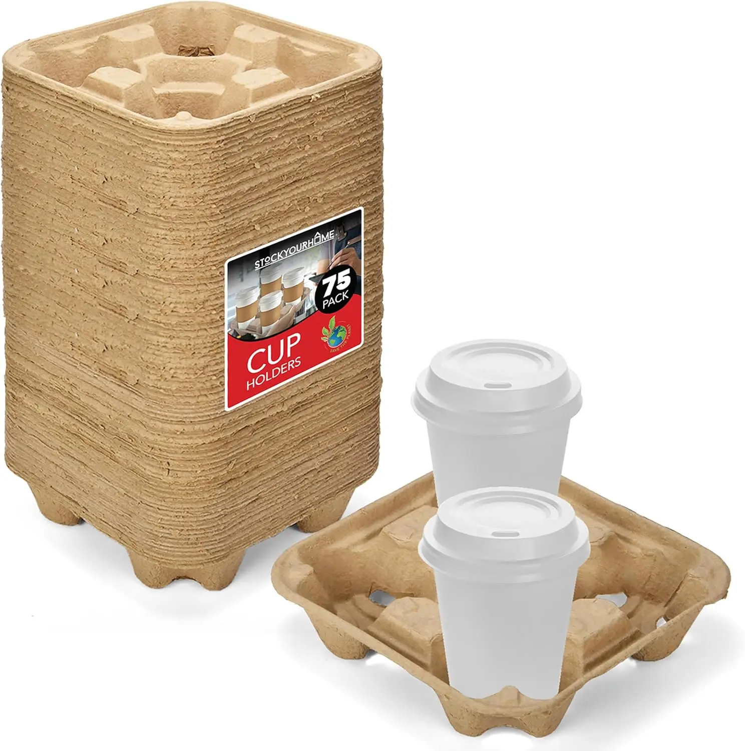 

75-Pack Compostable 4-Cup Coffee Trays, Sturdy Drink Carrier for Hot or Cold Beverages, Food Delivery