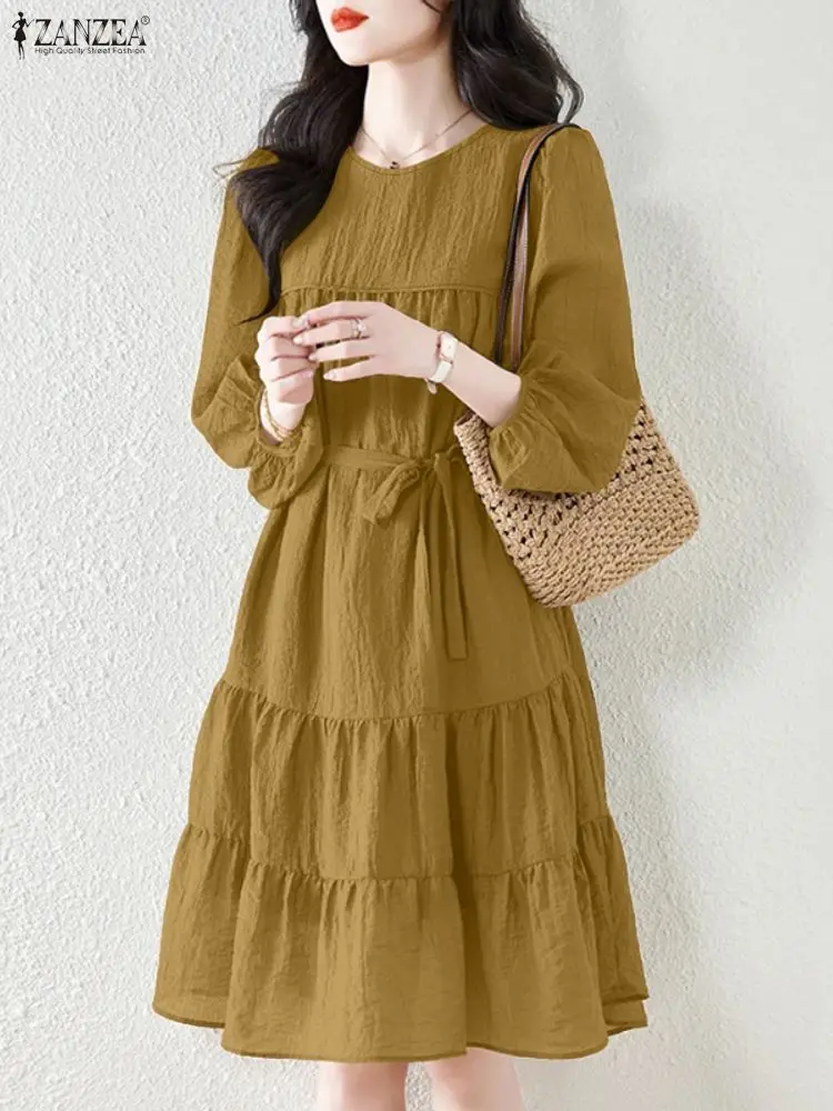 Zanzea moda feminina na altura do joelho vestidos casuais o-pescoço lanterna manga com cinto em camadas a linha vestido outono 2025 roupas femininas 3xl