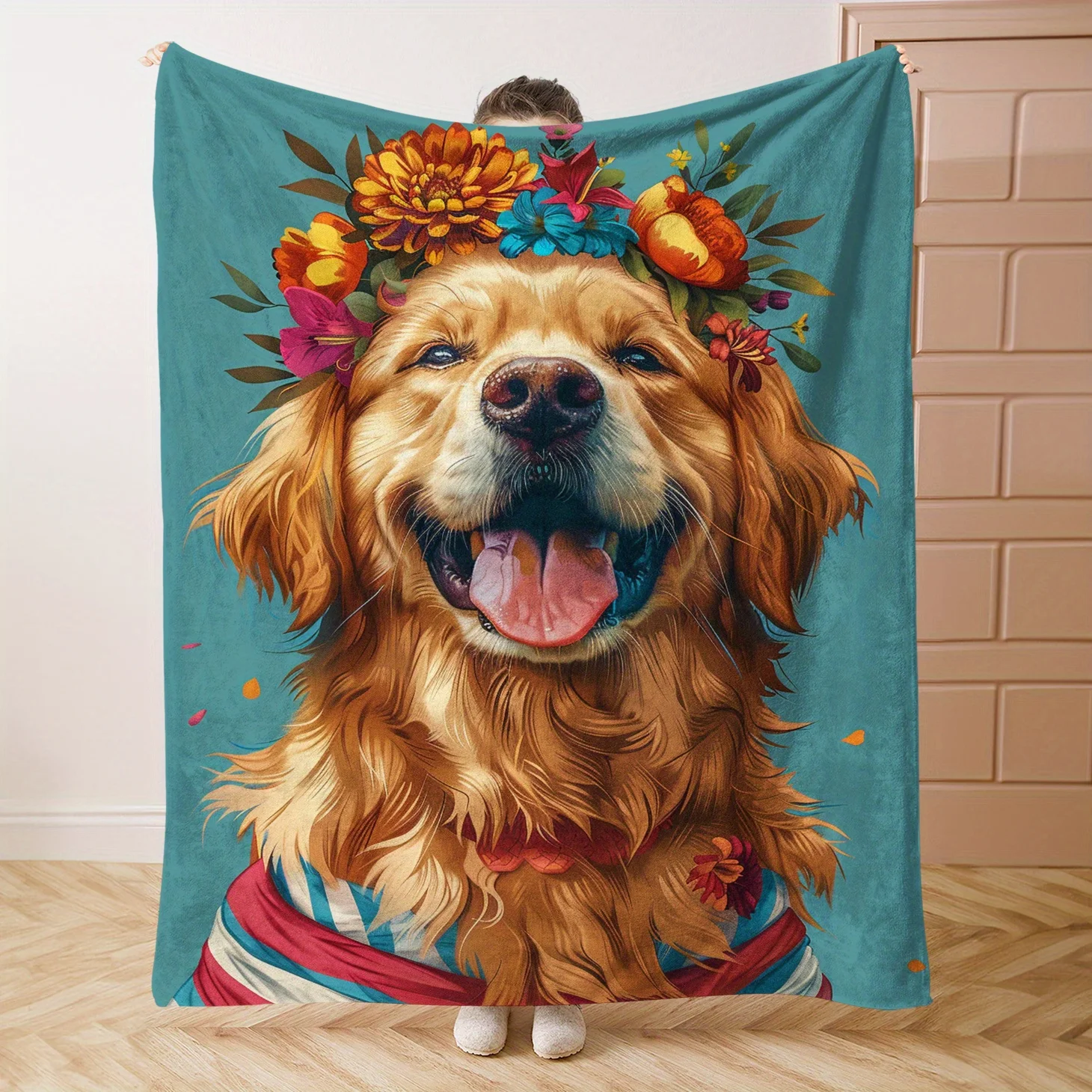 Floral Golden Retriever Pattern Flannel printed blanket suitable for all seasons suitable for living room office sofa and travel