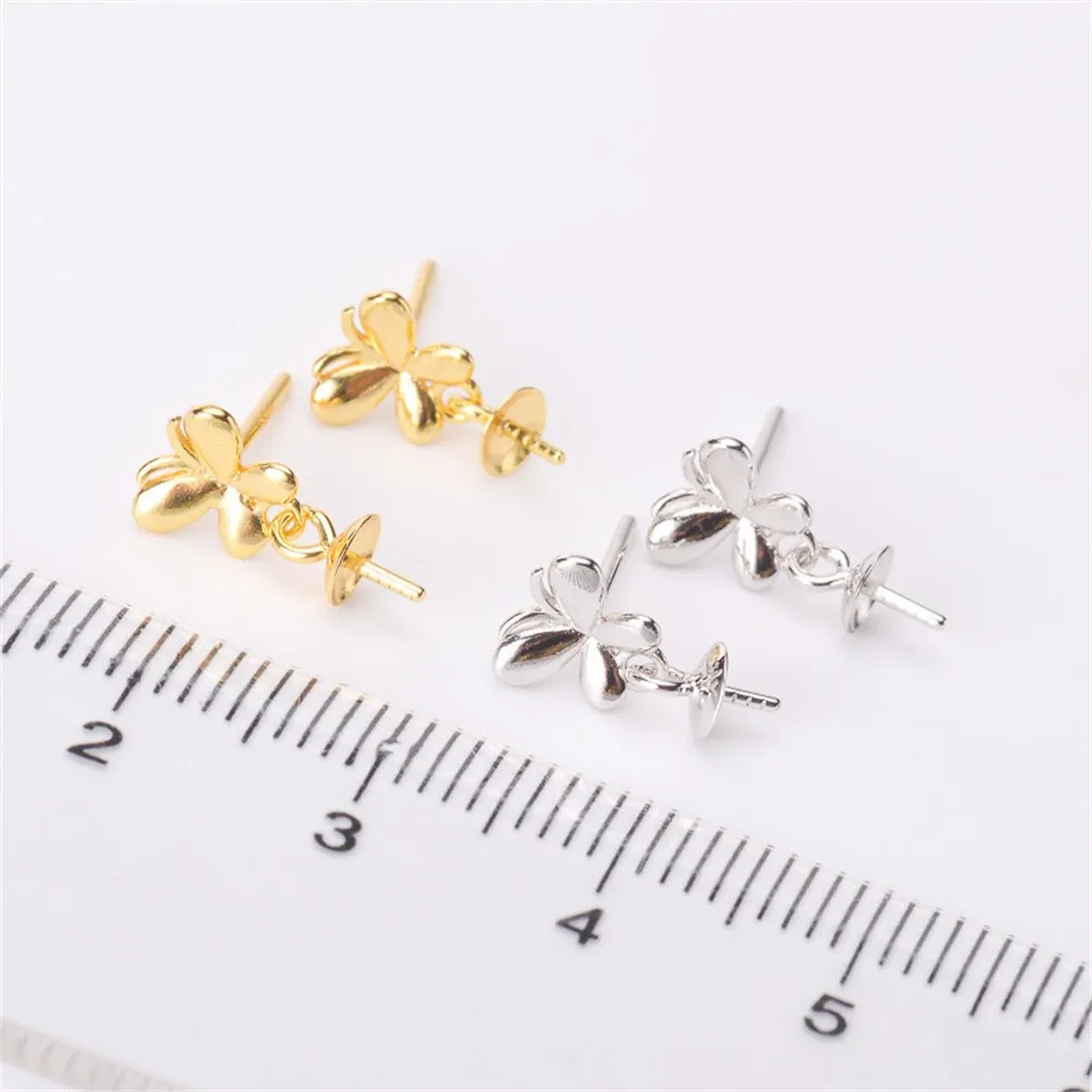 DIY Pearl Accessories S925 Pure Silver Ear Nail Empty Holder Butterfly Pearl Earring Holder Fit 7-11mm Round Elliptical Beads