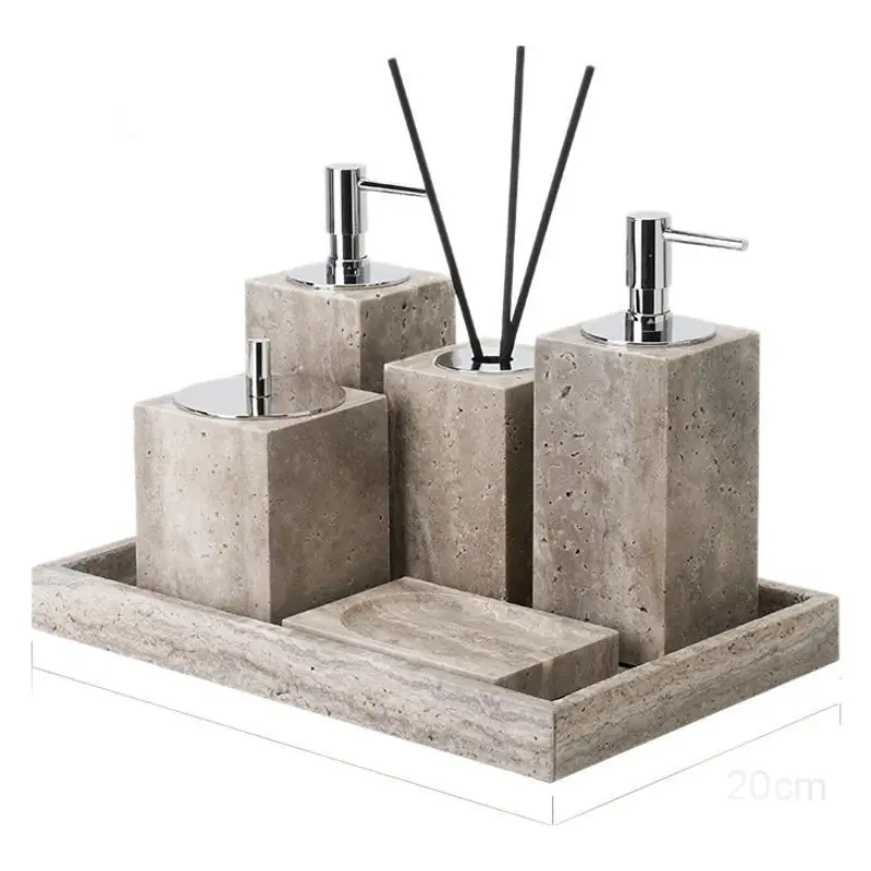 Natural silver gray travertine bathroom five-piece washing set marble sink tray