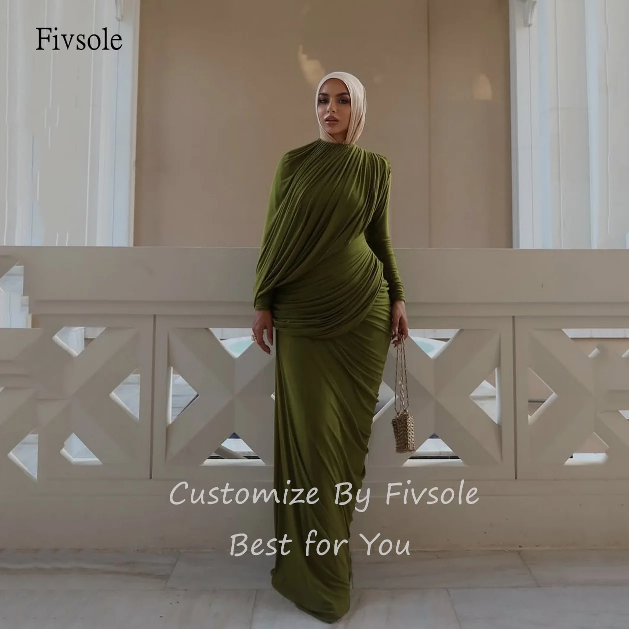 

Fivsole Vintage Green Mermaid Prom Gowns High Neck Long Sleeves Pleated Party Gown Saudi Floor Length Evening Dress Customized