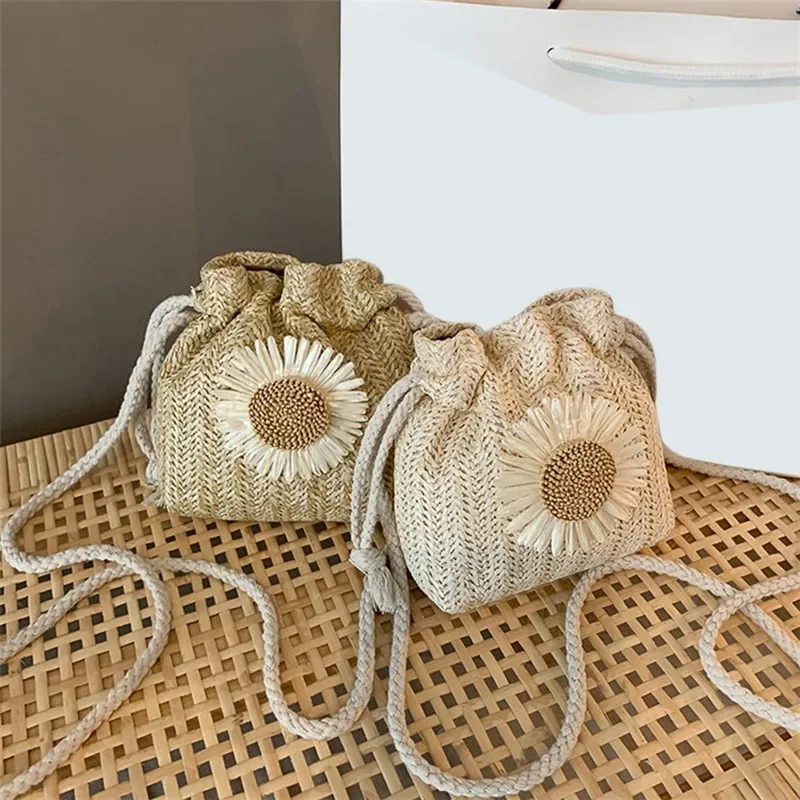 Creative Design Women Beach Straw Bags Classic Texture Chic Sunflower Drawstring Woven Bucket Crossbody Shoulder Messenger Pouch