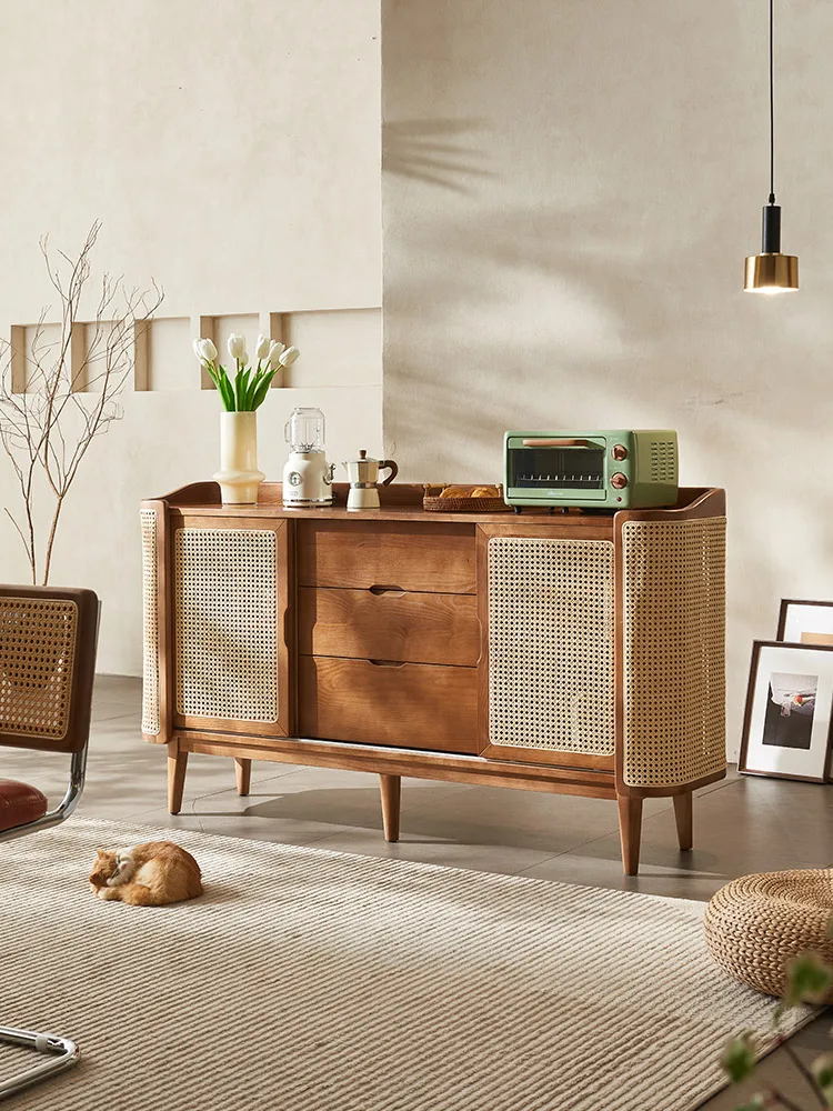 

Vintage solid wood sideboard living room tea locker Japanese rattan porch storage cabinet