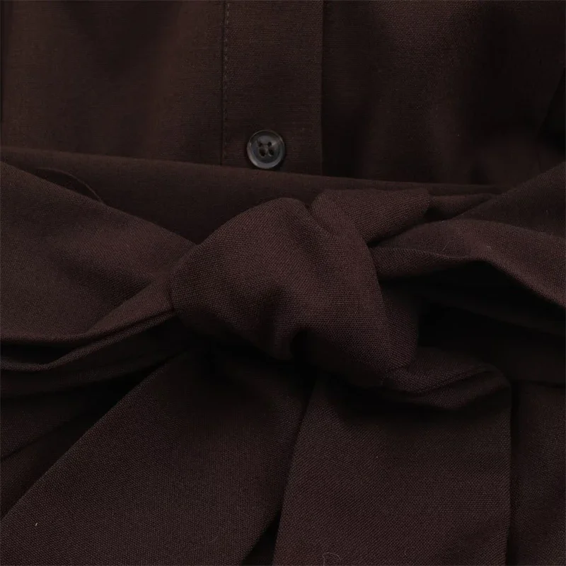 Abito lungo abbottonato con colletto e cintura, abito formale e quotidiano chic Abito camicia classico marrone a maniche lunghe
