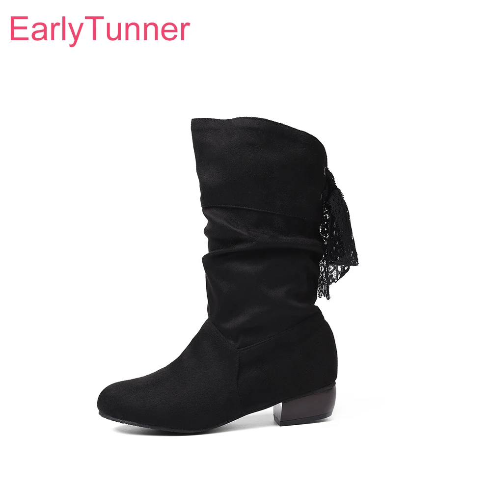 

2026 Новые весенние удобные черные, красные женские ботинки до середины икры на среднем массивном каблуке, женская повседневная обувь, большие размеры 12, 43 45, 47