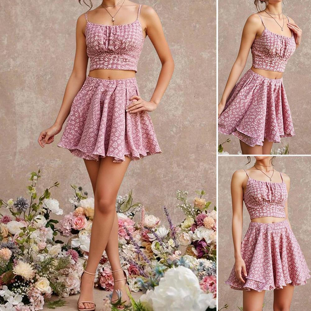 

Mia Muse Boutique, французские сексуальные комплекты, майки без рукавов с квадратным вырезом и цветочным принтом, мини-юбки трапециевидной формы с высокой талией, отпускные комплекты для женщин