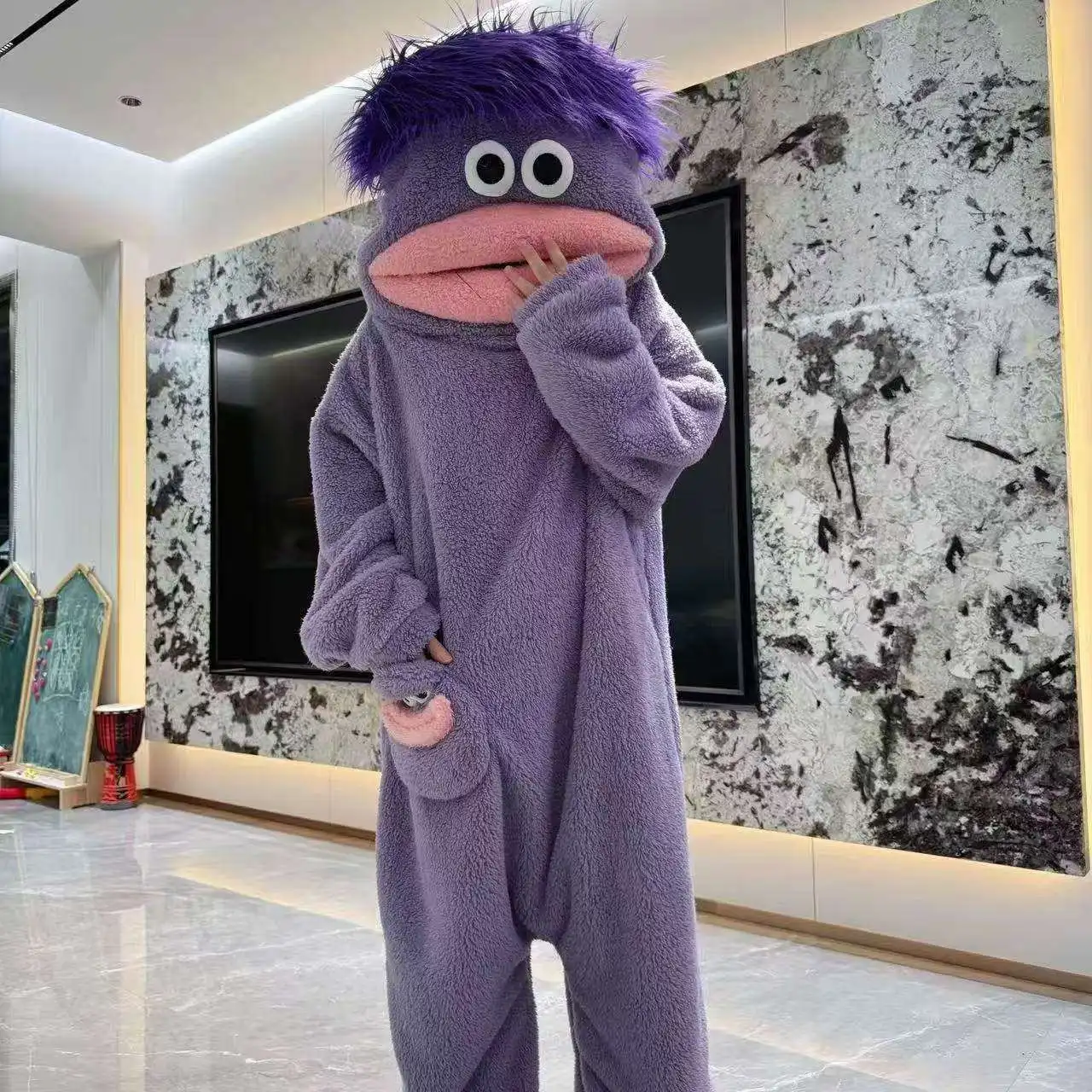 Fleece Lined Coral Velvet Sleepwear Set Big Mouth Monster Design Unisex Winter Thickened Pajamas Home Clothes Women's Suit