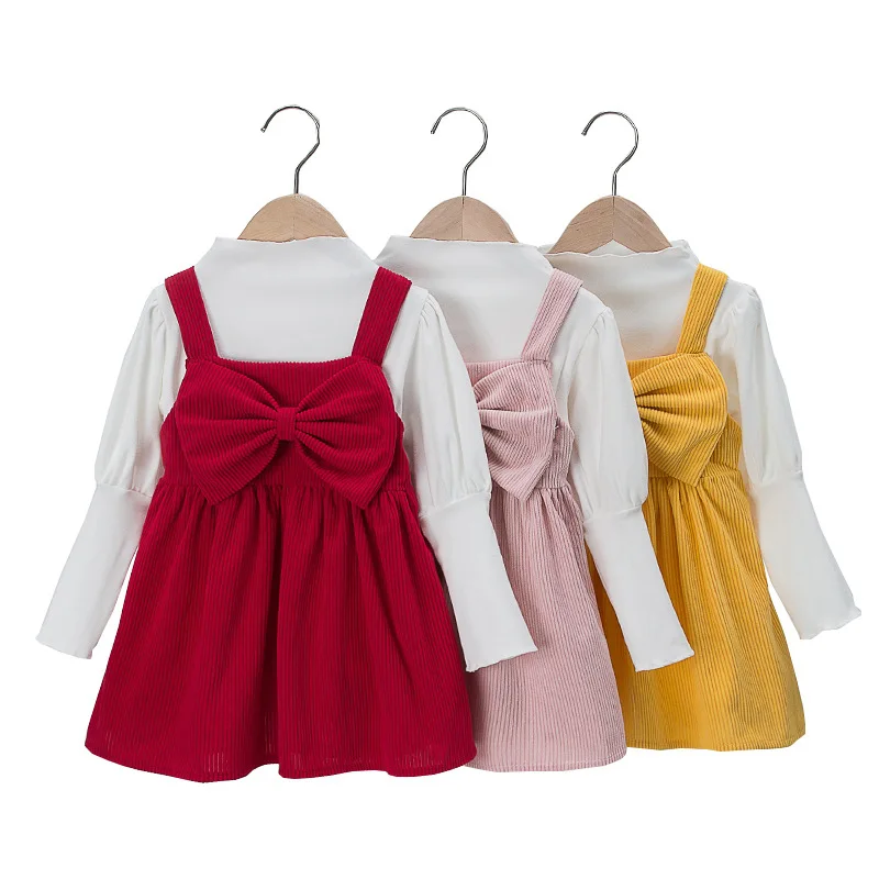 Korean Childrens Clothing Bow Strap Dress 2024 Autumn Winter Corduroy Two-piece Solid Color Dress