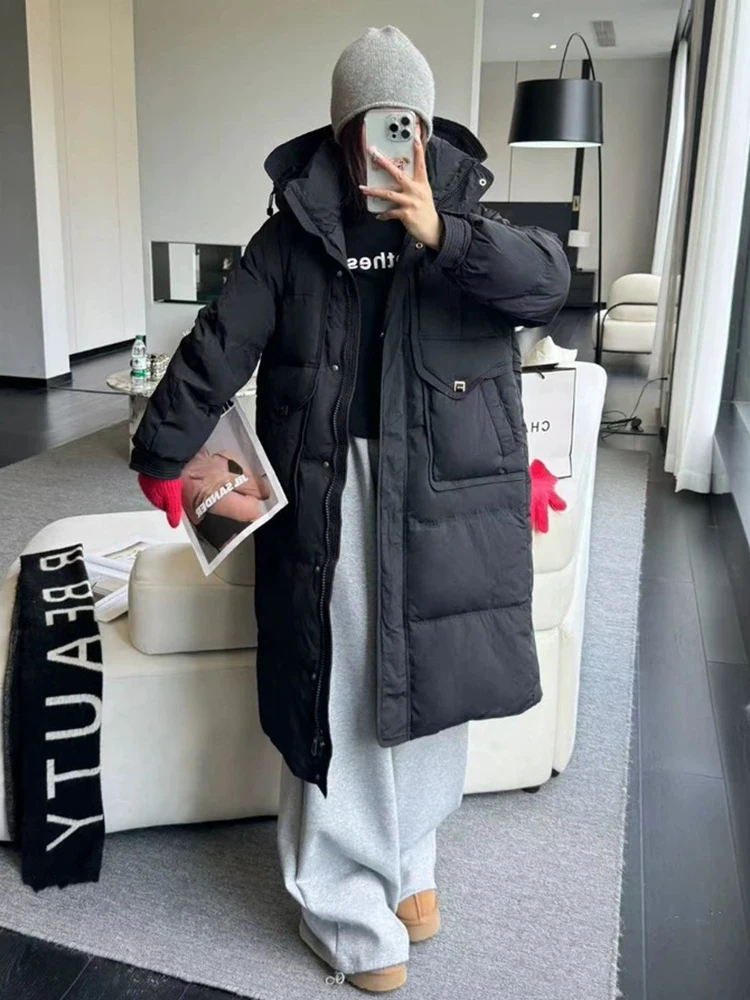 Winter Long Hooded Big Pocket Down Jacket Women White Duck Down Waterproof Knee Length Jackets Female Thick Warm Parker Outwears