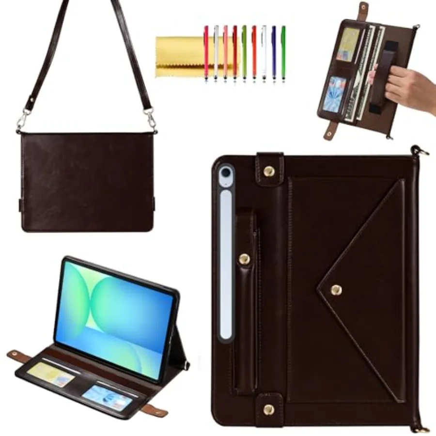 

Чехол-портфель для Samsung Galaxy Tab S10 FE+/FE Plus 13.1" 2025 с подставкой, ремешком через плечо, держателем для стилуса и карманами для карт