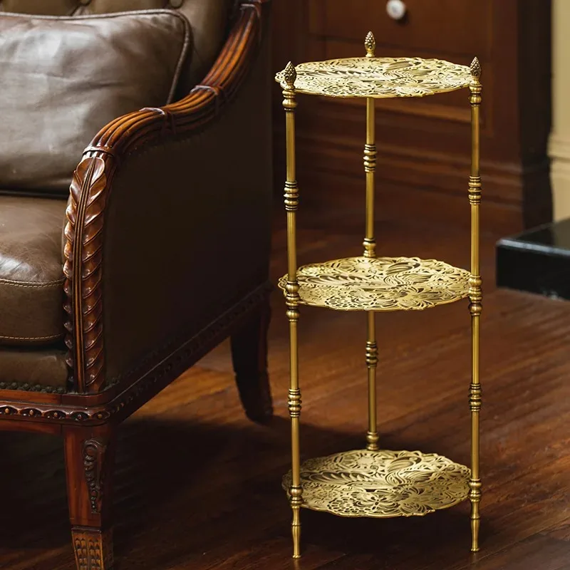 Retro brass carved shelf, living room side table, medieval flower rack, three-layer hollow storage rack