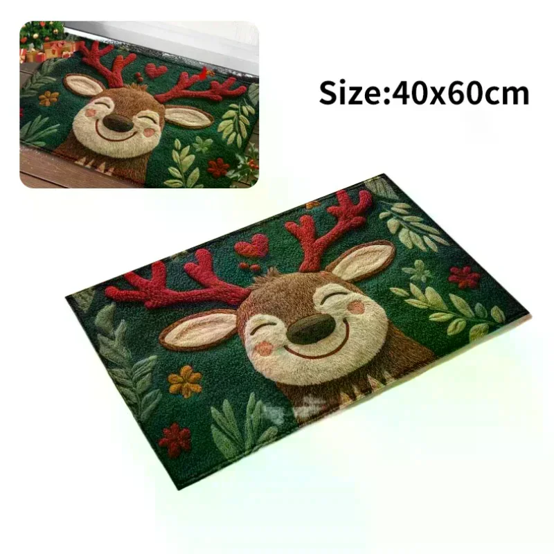 Fluffy Christmas Deer Microfiber Bath Mat Quick Dry & Absorbent Floor Mat Festive Holiday Design With Red Berries & Green Leaves