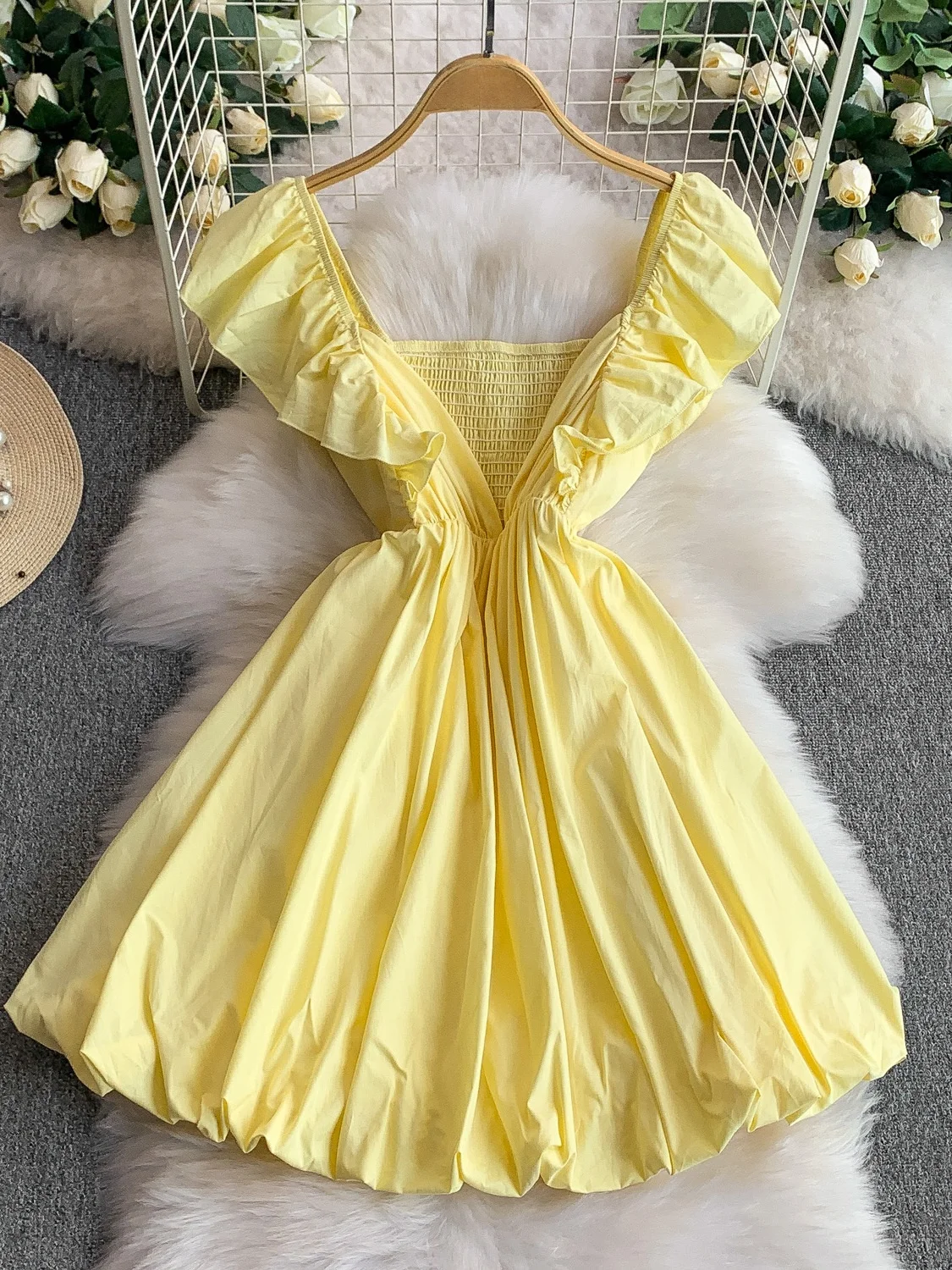 Vestido de princesa f com cintura elástica, sexy, decote em v profundo, verão, manga elástica, cintura alta, linha a, ...