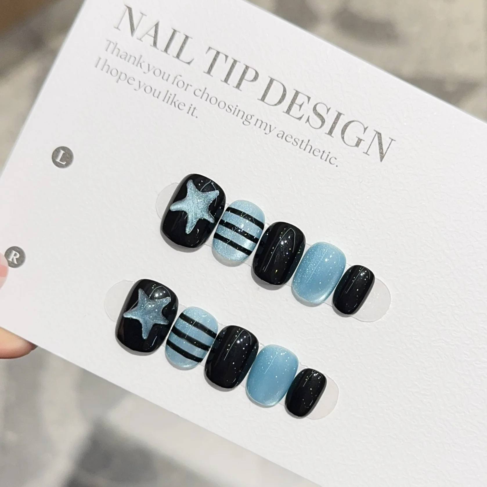 

10pcs Blue Cat Eye Press on Nails Handmade Short Square Round Sweet Cool Star Stripes Patterns French Wearable Fake Nails Patch