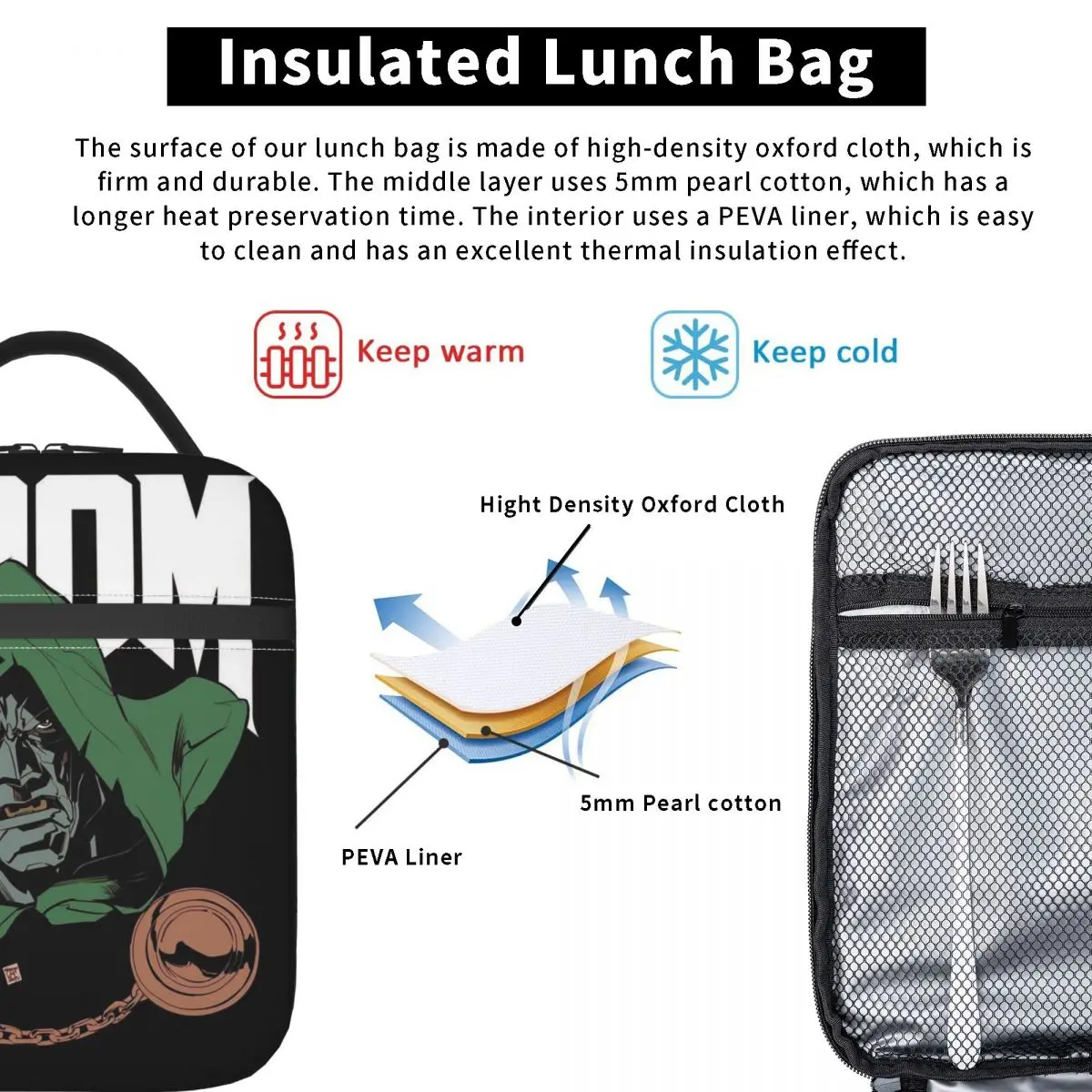 مغني الراب الأمريكي MF Doom Mad الشرير الموسيقى الفنان معزول حقيبة الغداء للأطفال مدرسة برودة عبوة طعام حمل صناديق الغداء المحمولة #4