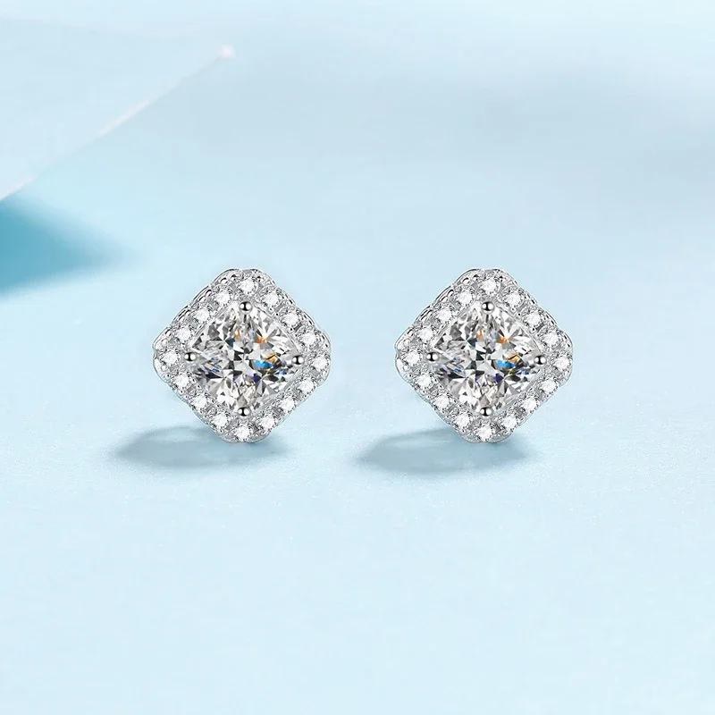 Fine Jewelry PT950 Platinum Girlfriend Gift GRA Certified D Color Moissanite Diamond Unusual Square Halo Stud Earrings for Women