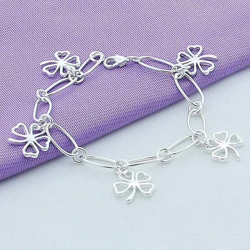 

925 Sterling Silver 4 Four Leaf Clover Link Bracelet Women's Charm Jewelry