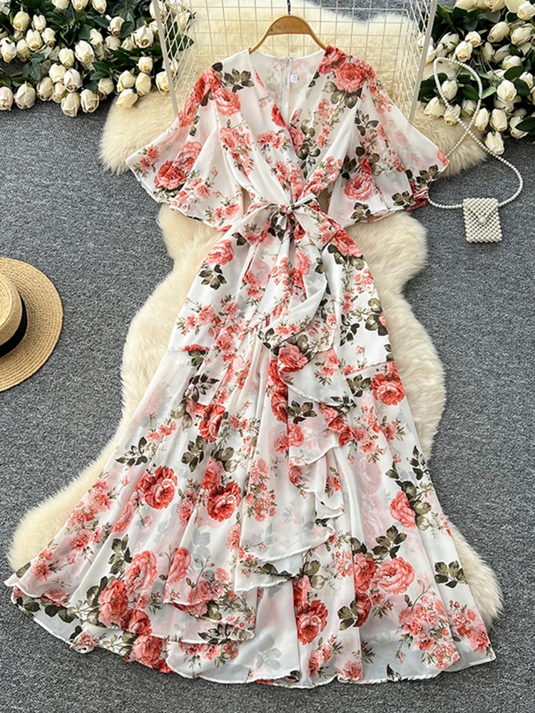 French Vacation Dress Women's Summer New Collection with A Waist Cinched, Irregular Ruffled Edges Floral Chiffon Long Dress Y19