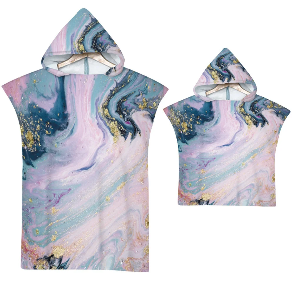 Luxury Marble Beach Towel Microfiber Quick Dry Gilding Hooded Cloak Wetsuit Adult Kid Parent-Child Poncho Bathrobe for Swim Surf