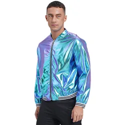 Mens Metallic Shiny Bomber Jackets Long Sleeve Front Zipper Striped Band Outerwear Baseball Jacket Coat Clubwear Street Look